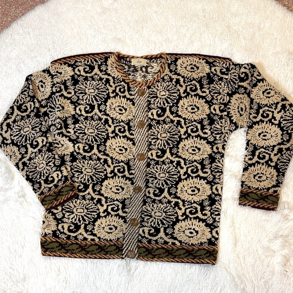 Sweaters - VINTAGE DIA CHENILLE, CARDIGAN SWEATER Abstract Floral Print Size Large